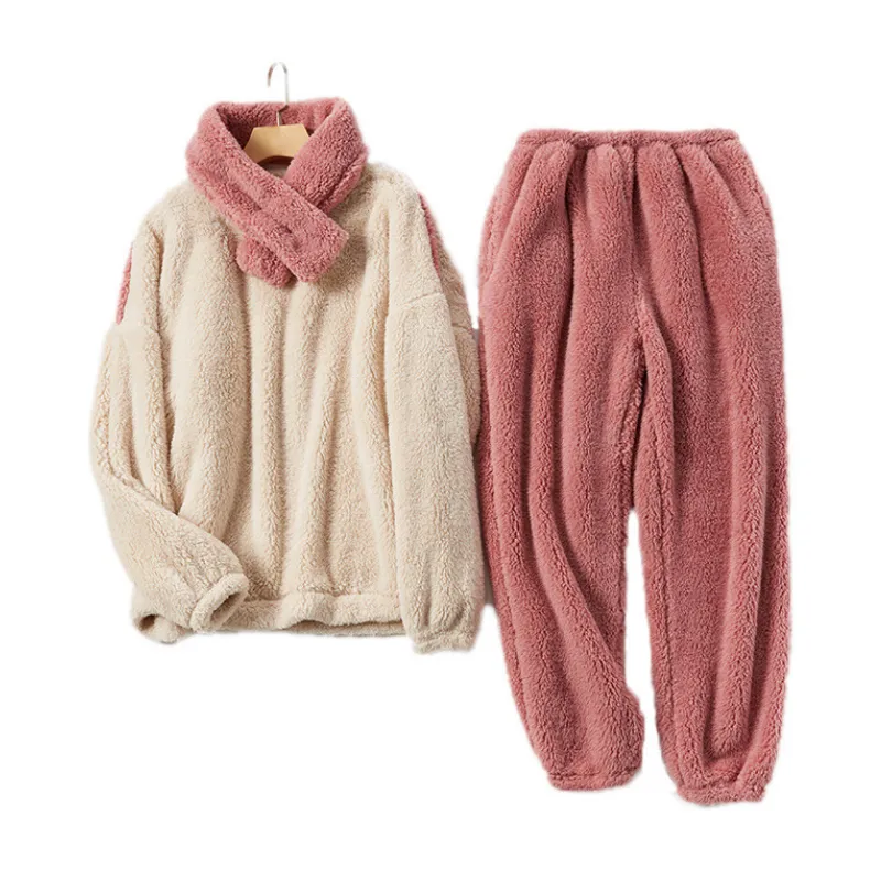 Fleece-Pyjama-Set für Damen, solide Langarm-Winter-Terry-Damen-Pijama-Anzug, 2 Stück mit Hosen, dicke warme Heimkleidung, weiblich 220329