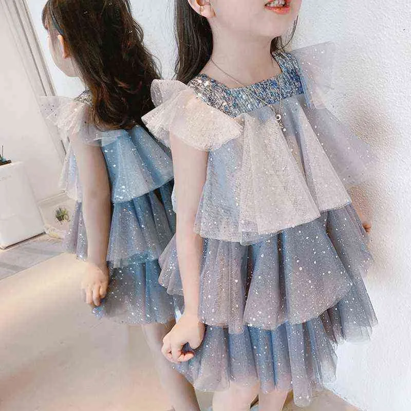 Flickor klänningar spetsar mesh kaka lager paljett prinsessklänning för barn bröllop födelsedagsfest tutu vestidos barn sommarkläder g220428
