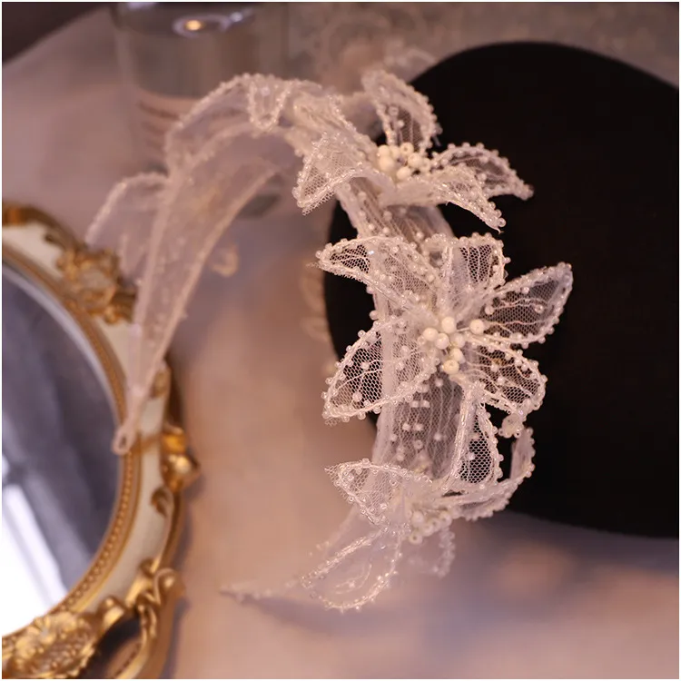 Original design Lace Flower Small Pearl Beaded hairbands Bridal HeadBand Bride Wedding Decoration Hair Accessories 0615