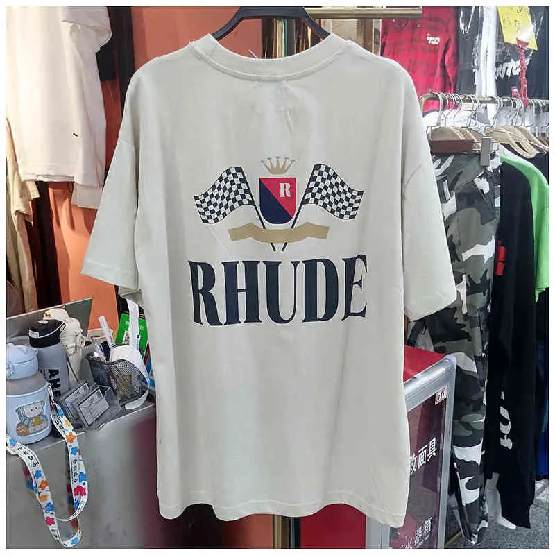 American Casual Fashion Brand Rhude Loose Cotton Men's Short Sleeve Simple Letter Printing High Street Trend Round Neck T-shirt