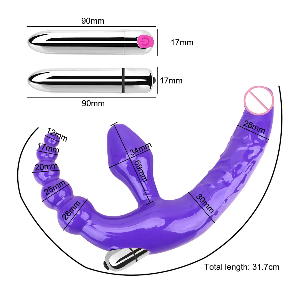 Consolador vibrador de dos cabezas, tapón de cuentas anales, masajeador de próstata, correa sin tirantes, juguetes sexys para hombres y mujeres