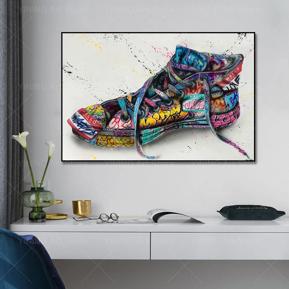 Schuhe malen moderne Graffiti Street Art Canvas Malerei Poster Print Wandkunst Bild für Wohnzimmer Wohnkultur framlos