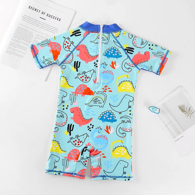 Swimsuit Boy Dinosaur Print UPF50 Suit with Sunscreen Cap Boys Swimwear Kids Beach Rashguard Surf Wear 220426