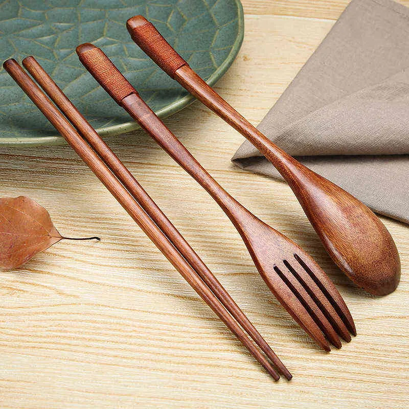 Retro Natural Wooden servies Tabelgare Japanse stijl Fast Food Noodle Chopsticks Lepel Fork Travel Travel Tweede gebruiksvoorwerpen voor keuken Y220530