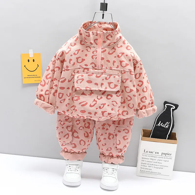 Crianças Roupas Outono Bebê Meninas Roupas Leopard Topo + Calças Casual Tracksuit Ternos Criança Tecidos Boys Sets 1 2 3 4 Anos 220326