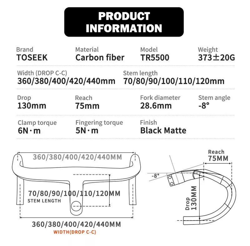 Toseek TR5500 Carbon Road Integrated HandleBar 28.6mmカーボンハンドルバー付きハンドルハンドルバー自転車部品220801