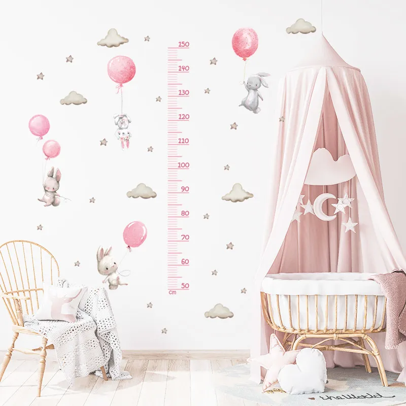 Balloon Bunny Hoogte Meet Ruller Wall Stickers Hoogtekaart voor kinderkamer Slaapkamer Groeikair Muur Stickers Kinderschepen 220510