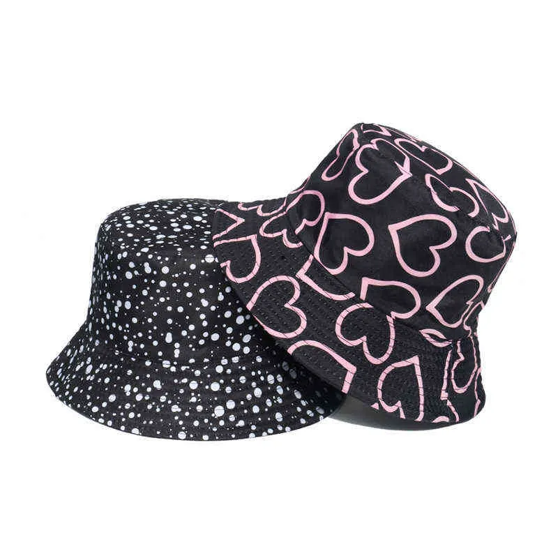 2022 nouveau mignon coeur rouge Doodle motif soleil chapeau seau chapeau coeur amour rouge mignon motif filles ensemble modèles G220418