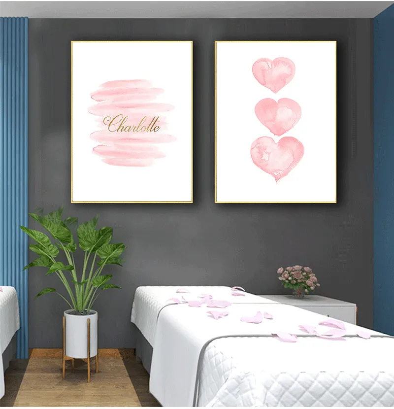 Pintura imagem infantil decoração de quarto aquarela rosa coração arte de parede impressão nome personalizado berçário personalizado 220623