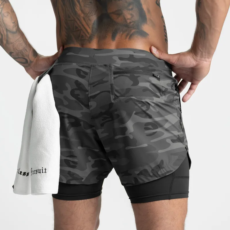 Summer fashion men's shorts quick-drying 2-in-1 multi-pocket double-layer shorts fitness lace-up sports pants 220530