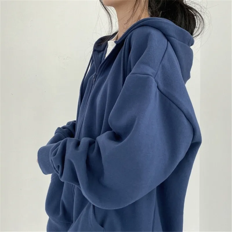 Sweat à capuche femme surdimensionné Harajuku couleur unie poche zippée coréen Streetwear automne à manches longues à capuche femme sweat décontracté 220816