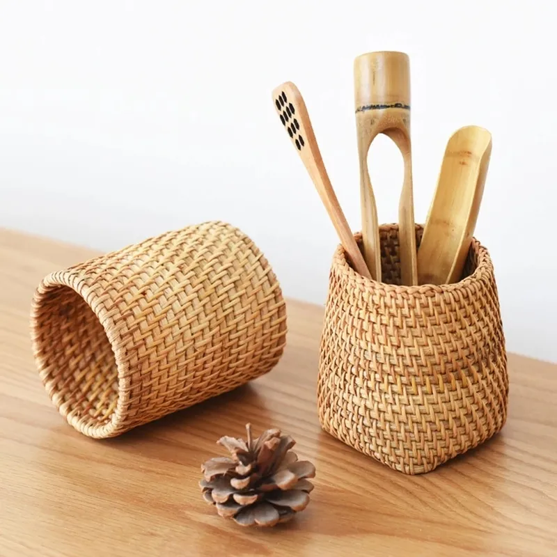 Handmade Rattan Storage Box Baskets Organizer Manual Rattan Chopsticks Spoons Dinner Knives Forks Tableware Holder Storage Box