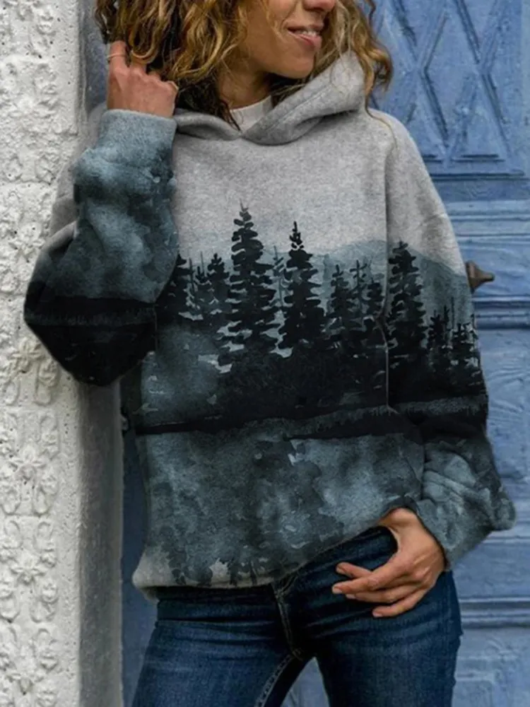 Damer Rundhalsad Casual Hoodie Sweatshirt Långärmad Mountain Landscape Printed Plus Size Toppar T-shirts Höst och vinter 220321