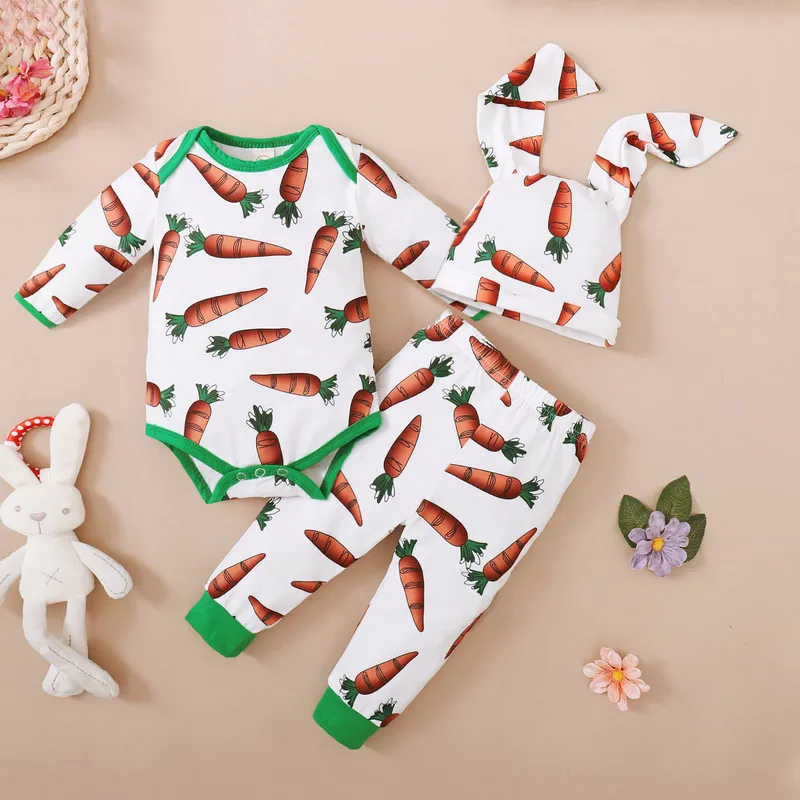 Infant clothes baby Boy Girl Cartoon Carrot Print Romper JumpsuitRrabbit Ears Hat Set outfit baby clothes autumn winter Overall 220525