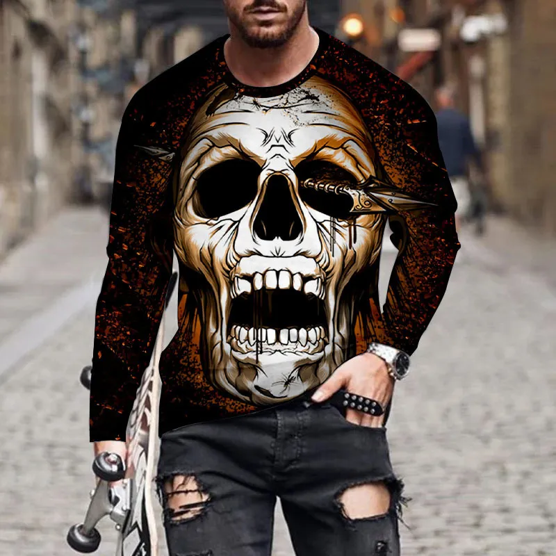 Bra kvalitet Sport T-shirt herr 3D digitalt tryck TEE Man Gatu Trend Dark Death Skull Långärmade toppar 220408