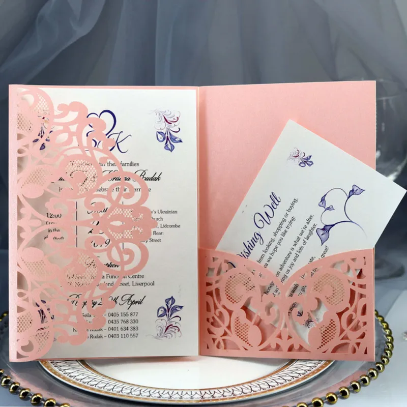 ブルーホワイトエレガントレーザーカット結婚式の招待状カードグリーティングRSVP装飾パーティー用品220711でビジネスをカスタマイズする