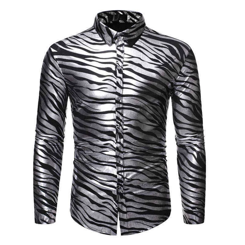Серебряная зебра полосатая рубашка для печати мужчина 2022 Ночной клуб Slim Fit