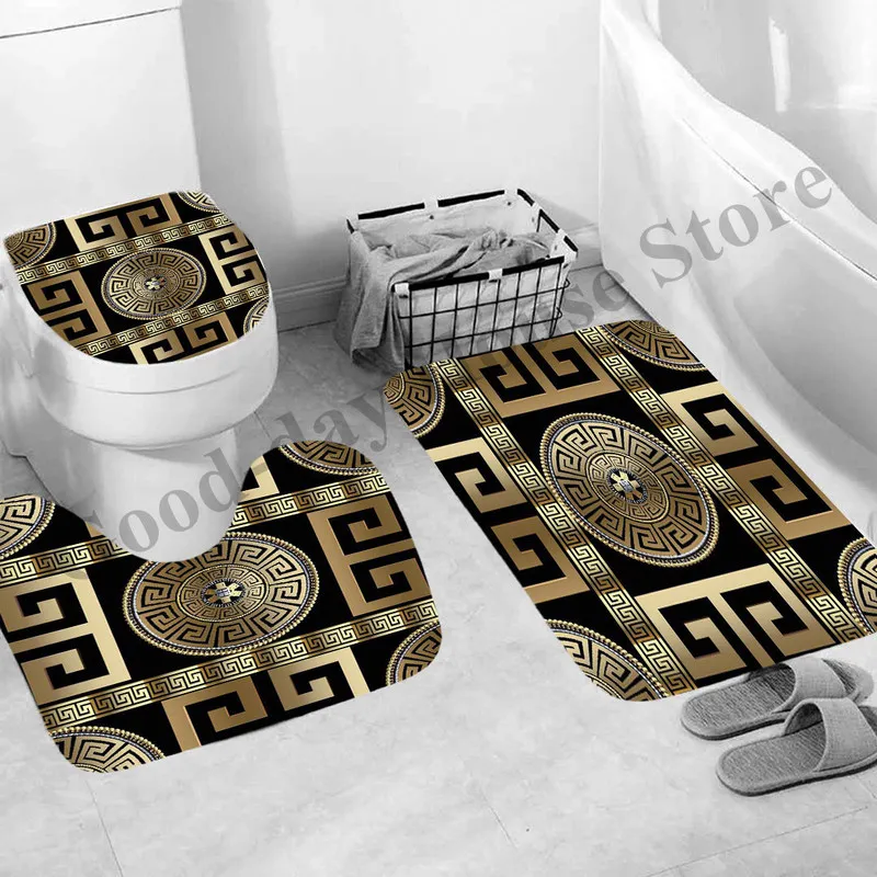 3D 럭셔리 블랙 골드 그리스 욕실 커튼 샤워 커튼 세트 현대 기하학적 기하학적 화려한 빨간 장미 목욕 깔개 화장실 카펫 장식 220517