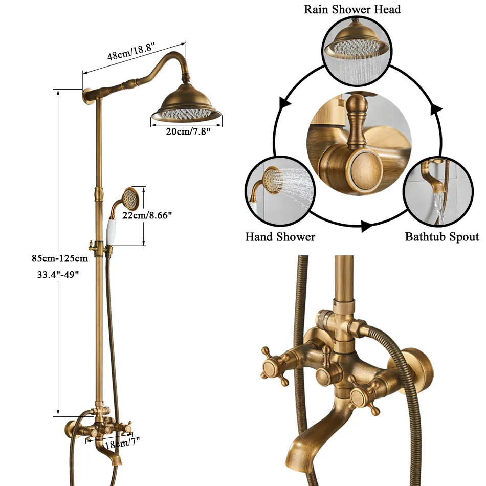 Antique Brass Bathroom Shower Set Faucet Bath Shower Mixer Tap 8" Rainfall Head With Hand Sprayer Bathtub Faucets Wall Mounted