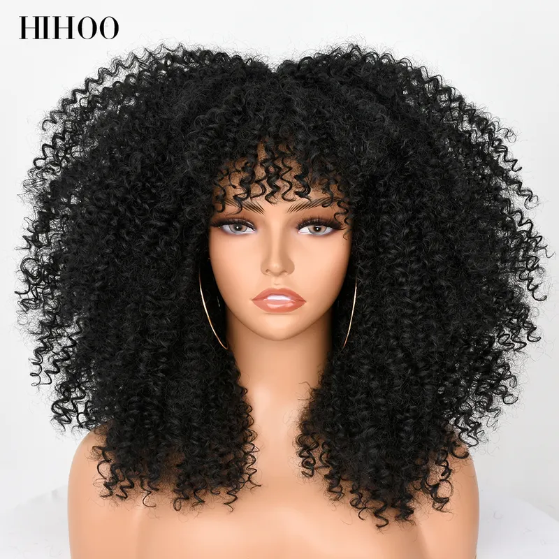 16Short Hair Afro Kinky Curly Wig With Bangs For Black Women Cosplay Lolita Synthetic Natural Glueless Brown Mixed Blonde Wigs 220811