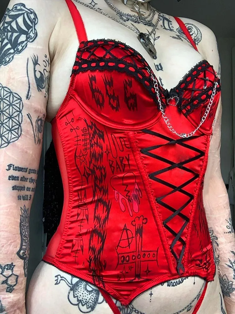 Chain Women Emo Cyber Y2k Corset Fairy Grunge Camis Red Lace Up Alt Crop Tops Punk Style Camisole Sexy Letter Print Bustier Goth 220318