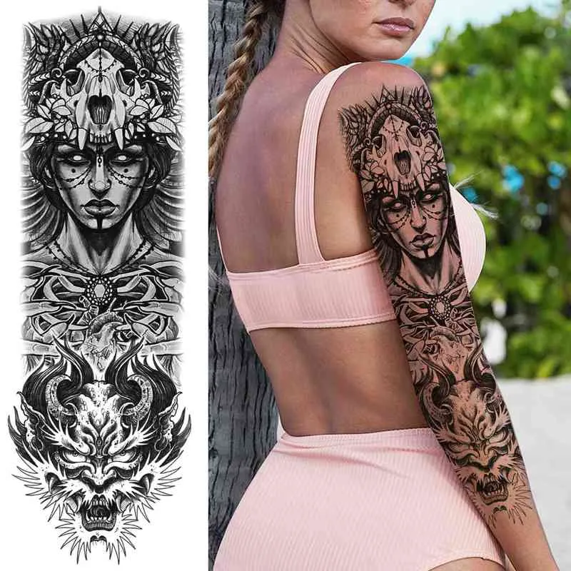 NXY Временная татуировка племенная тотемный рукав для мужчин Женщины взрослый поддельный цветок плечо татуировки стикер черный череп большой полный рычаг 0330