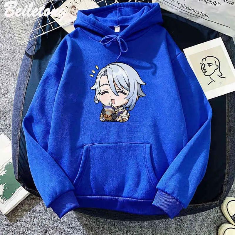 Genshin Impact Kamisato Ayato Felpa con cappuccio Anime Cartoon Stampa Manica lunga Divertente da bere Tè al latte Taglia EU Sudaderas Para Mujer Casual Y220713