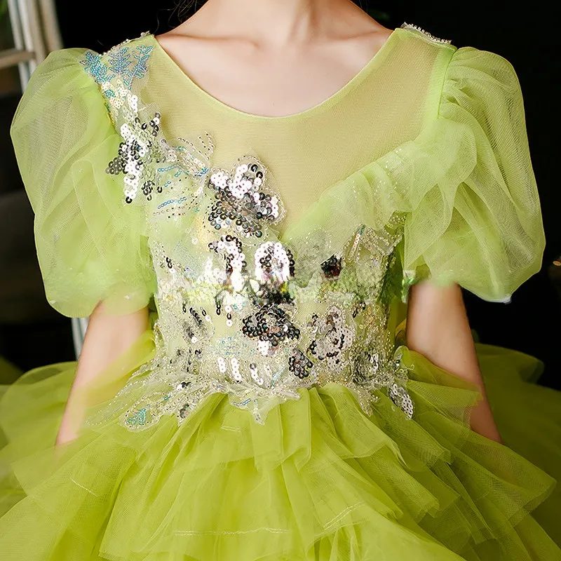 2022 Cute Flower Girl Dresses for Wedding Lace Floral Appliques Tiered Skirts Sequined Green Girls Pageant Dress Kids Birthday Party Gowns