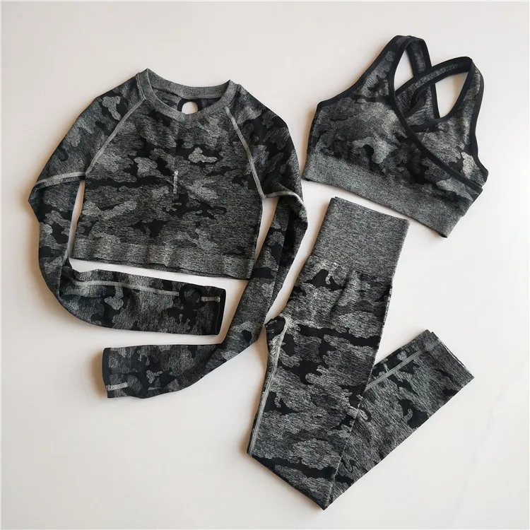 Mulheres 3 Pçs Camo Seamless Yoga Set Sports Fitness Roupas Leggings + Sport Bra + Manga Longa Crop Top Gym Ternits 220330