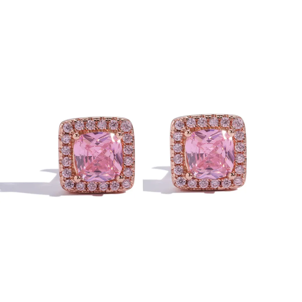 Square Zircon Stud Earrings for Men Women CZ Earring High Quality Pink Silver Gold Colors Fashion Jewelry for Gift276j