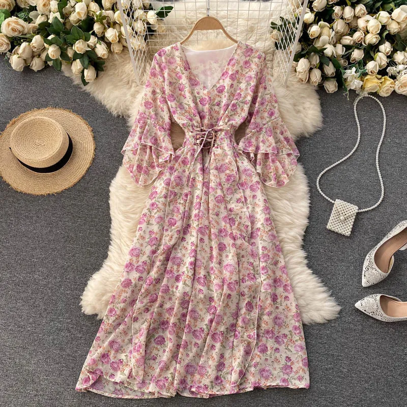 FMFSSOM Bohemian Style Flower Maxi Dres Summer Bow Belt Elastic Waist Withe with Lining V-neck Betterfly Sleeve Clothes 220516