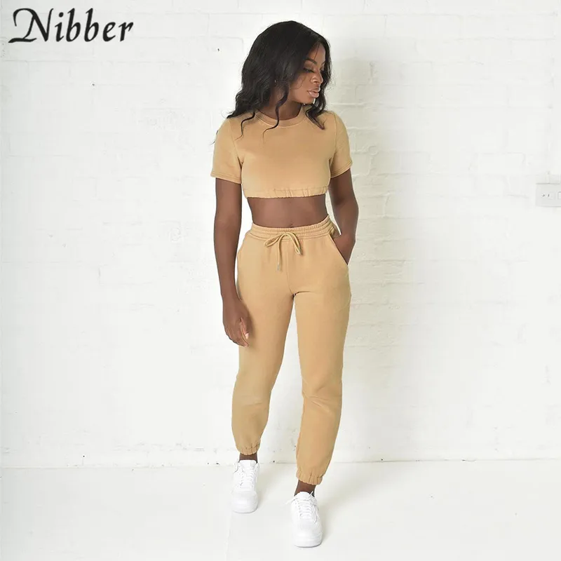 Nibber Women Casual Solid Tuta 2 Due pezzi Set Slim manica corta Crop Top e pantaloni a vita alta con coulisse Set coordinato 220602