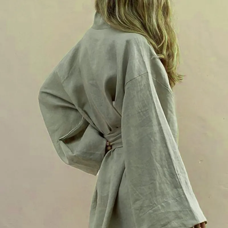 Frauen V-ausschnitt Kimono Strickjacke Mini Kleid Weiß Baumwolle Leinen Langarm Schärpen Lace Up Kleider Frauen Sommer Lose 220618