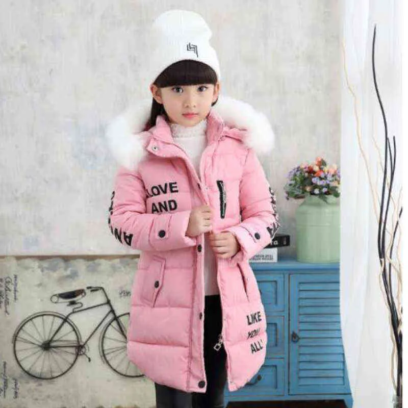 Winter Girls Coat Long Dikke Warm bont kraagjas 3-12 leeftijd CuHK Kids Fashion Koreaanse versie Kwaliteit Kinderkleding J220718