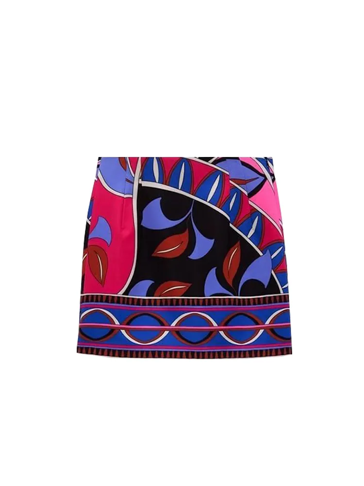 TFMLN Women Bermuda Printed Blouses+ Short Skirt Set Turn Down Collar Long Sleeve Tops High Waist Girl Outfits 220423