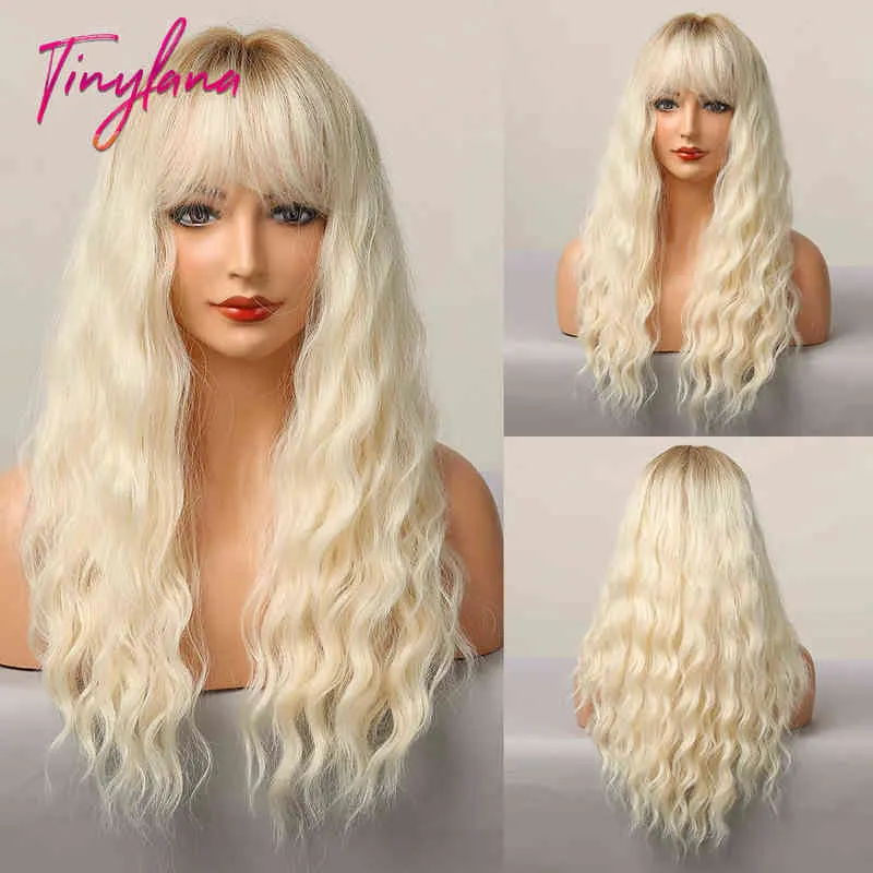 Perruques synthétiques blondes blanches avec frange longue vague d'eau Ombre perruque marron clair pour les femmes Cosplay naturel cheveux résistants à la chaleur quotidiens