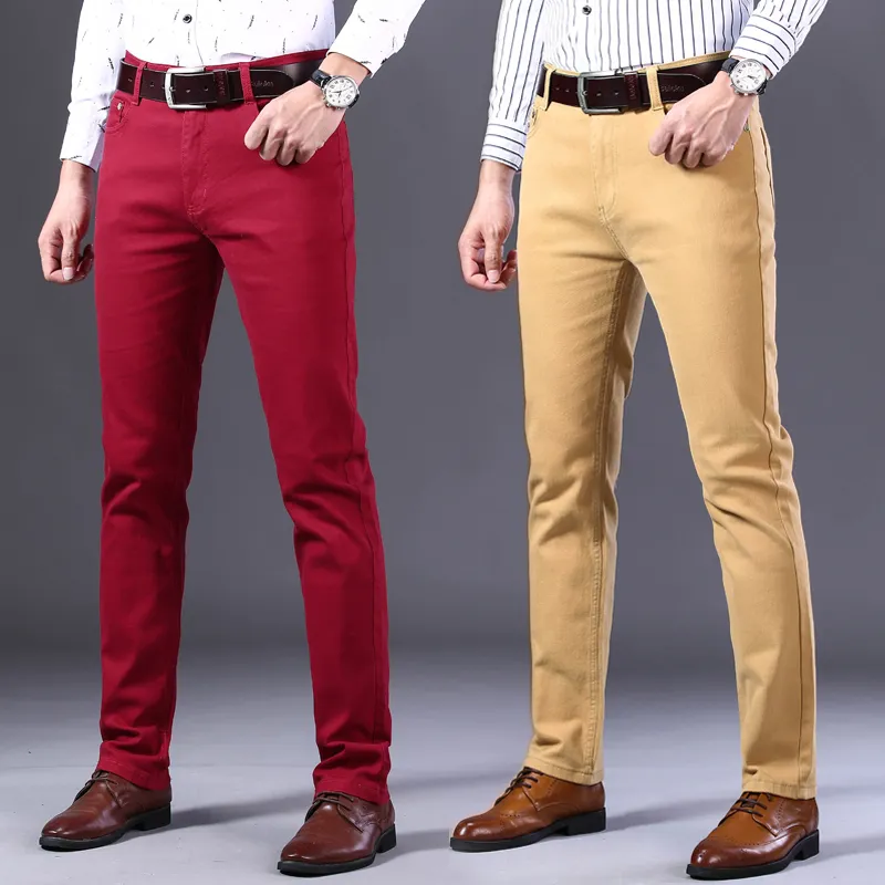 Classic Style Men's Wine Red Khaki Black Jeans Fashion Business Casual Straight Denim Stretch Trousers Male Brand Pants,6505 220328
