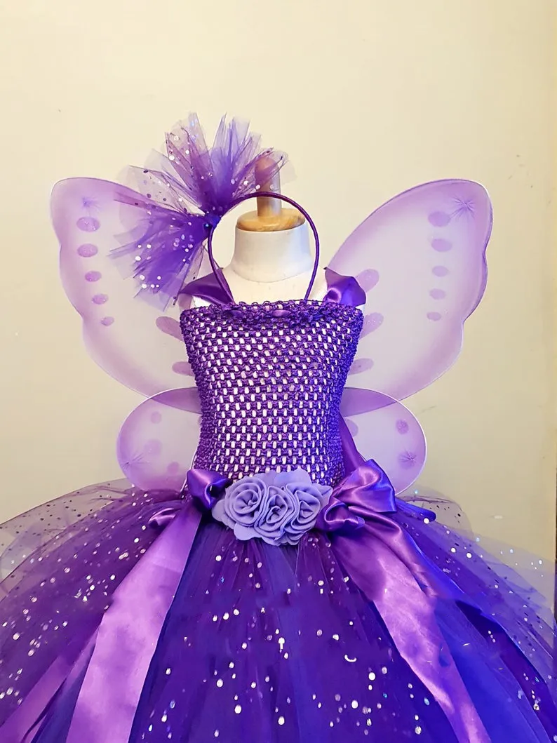 Girls Purple Butterfly Flower Tutu Dress Kids Glitter Tulle Dress Ball vestido de vestido de festas de aniversário para crianças de ala 220707