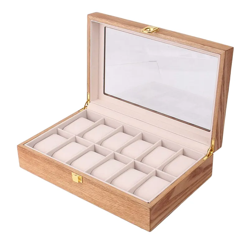 6 10 12 فتحات فاخرة Wooden Watch Box عرض حالة مجوهرات منظم الزجاج أعلى حامل تخزين هدية للرجال نساء 220617