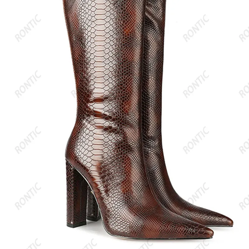 Rontic Handgjorda Kvinnor Vinter över knä Stövlar Sexig Snake Back Zipper Block Heels Pekade Toe Red Night Club Shoes US Size 4-13