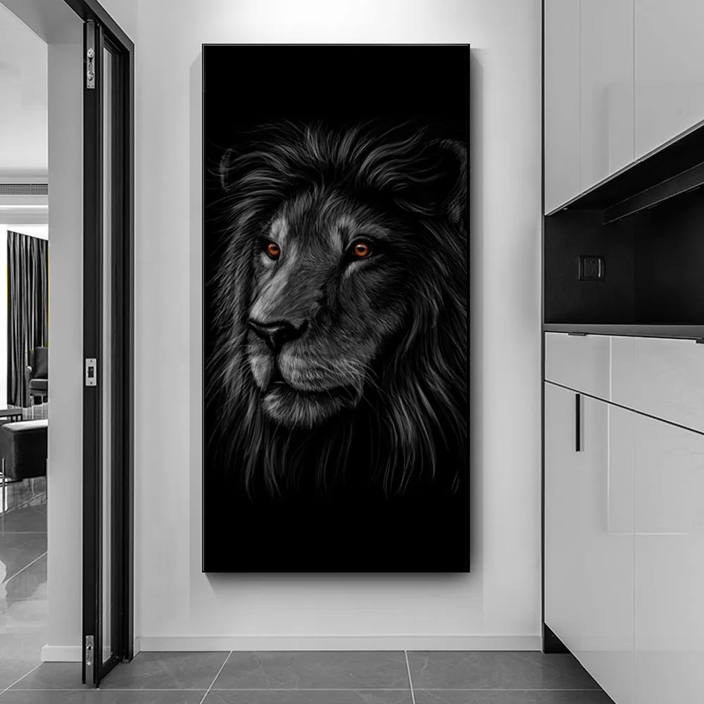 Bruna ögon lejon svart duk målning affisch nordisk tryck väggkonst bild för vardagsrum hem dekor väggdekor ramlöst