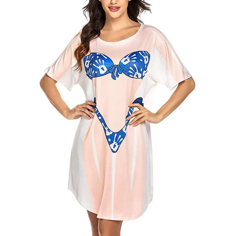 Женская рубашка для женского бикини прикрытие с коротким рукавом милый бикини для припечатки для припечатки для бикини мешковатый футболка платье Fun Wear