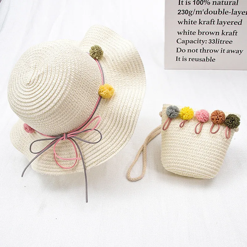 Flicka barn söt casual halm handväska set barn baby utomhus rese semester strand floppy hatt väskor set blommor sol cap panama 220627