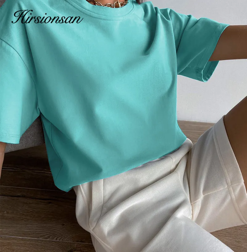Hirsionsan 기본 코튼 T 셔츠 여성 여름 느슨한 솔리드 티 19 색 캐주얼 느슨한 티셔츠 대형 O 넥 여성 탑 220408