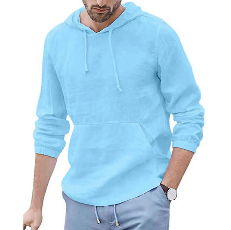 Männer Hoodies Herbst Mit Kapuze Solide Baumwolle Leinen Langarm Sweatshirt Männer Tops Beiläufige Lose Atmungsaktive Sport Männliche Sweatshirts L220730