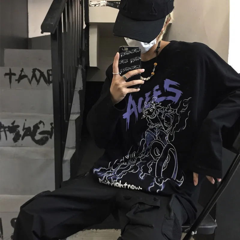 Harajuku büyük boy erkekler tişörtler siyah gotik karikatür vintage baskı moda sokak kıyafetleri bol gevşek hip hop bf uzun kollu tişörtler 220708