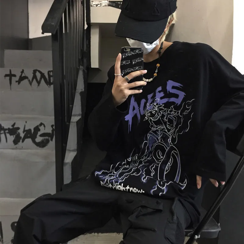 Harajuku Oversize Hommes T-shirts Noir Gothique Dessin Animé Vintage Imprimer Mode Streetwear Baggy Lâche Hip Hop BF T-shirts À Manches Longues 220708