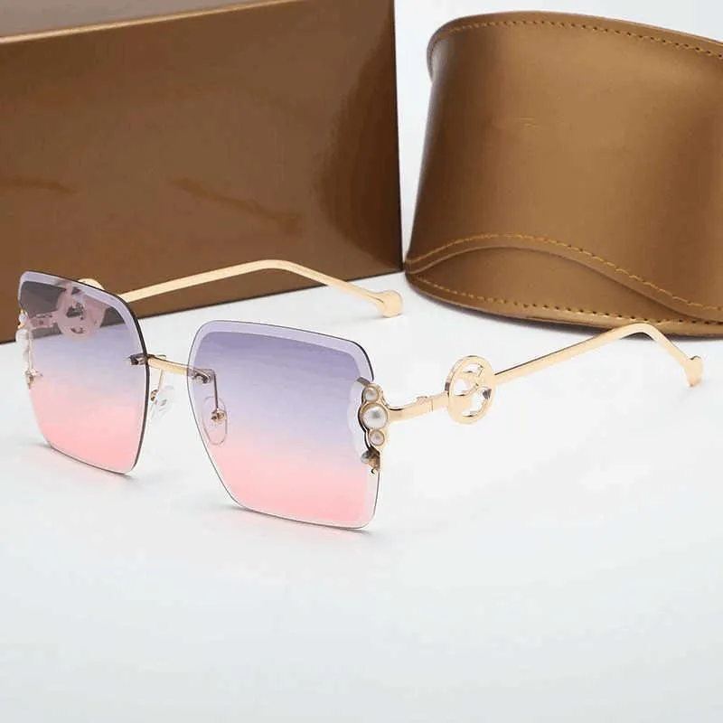 Sommermode Damen-Sonnenbrille, quadratisch, rahmenlos, mit Kunstperlen verziert, goldene Metallbügel, Premium-Textur, einfach und Ele337j