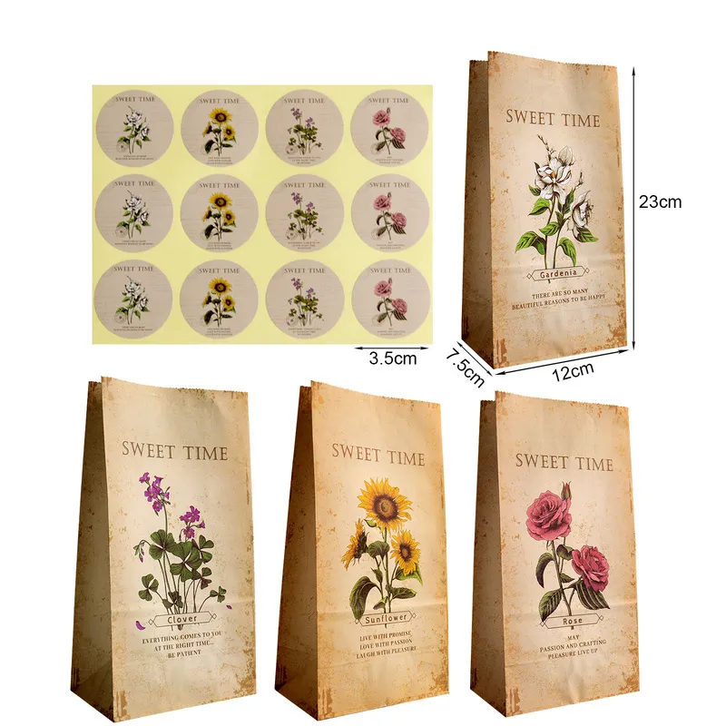 iCraft Vintage HandDrawn Paper Gift Bag Rose Sunflower Stand Up Party Favor Treat Pack Present Wrapping Packaging Supply 220420
