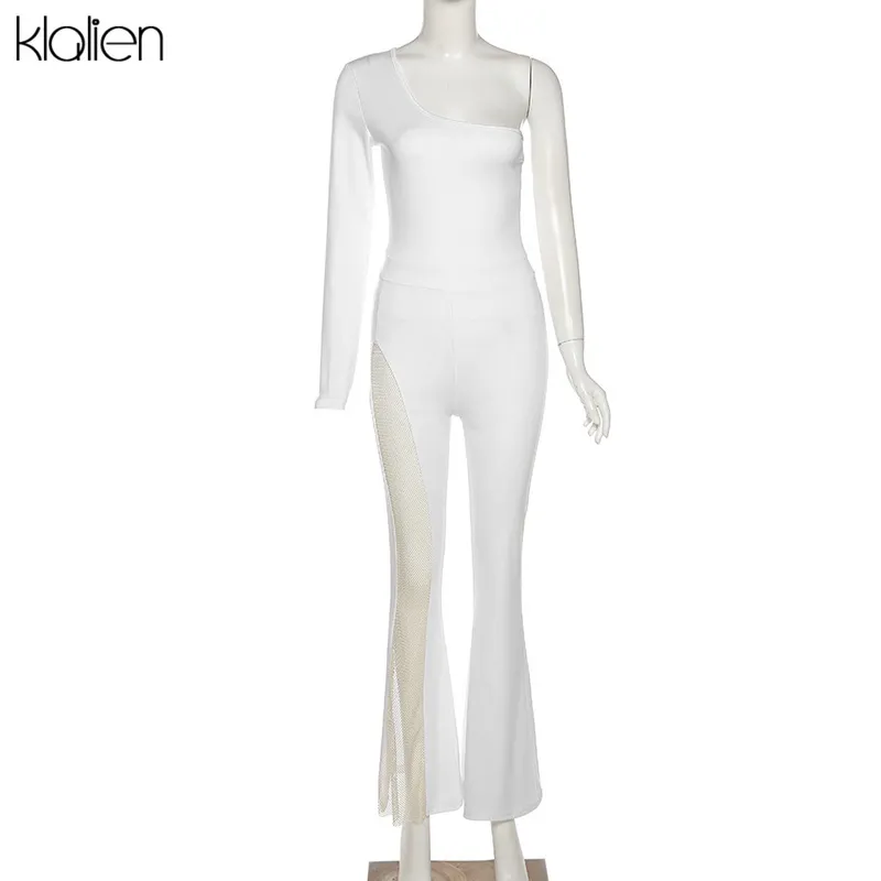 Klalien Fashion Elegant One Shoulder Mesh Patchwork Flare Pants Jumpsuit For Women Office Lady Street Solid Slim Female Romper 220505